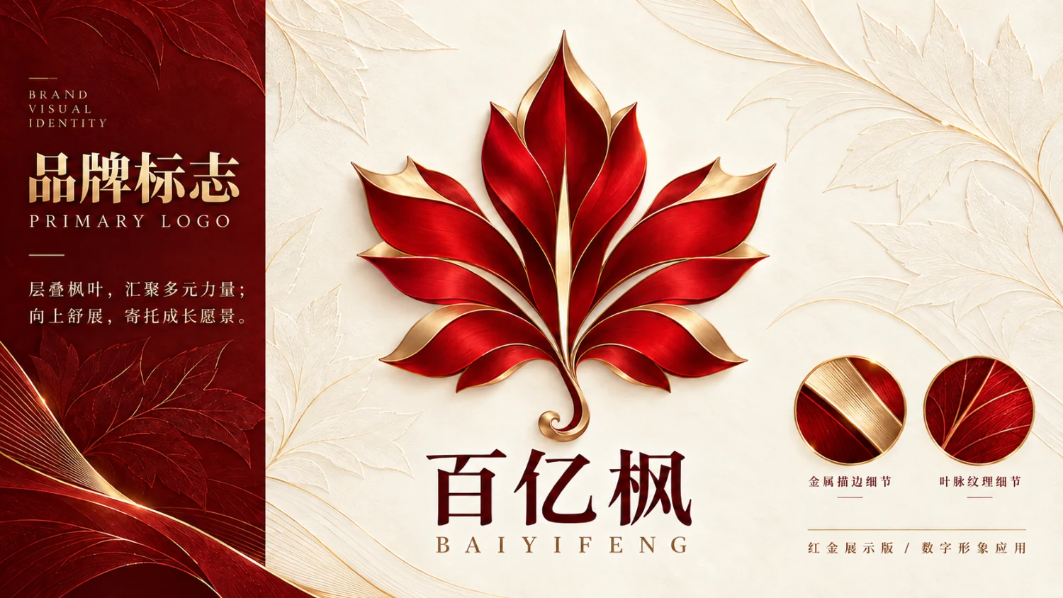 百亿枫品牌标志，红金层叠枫叶与中英文名称的竖式组合