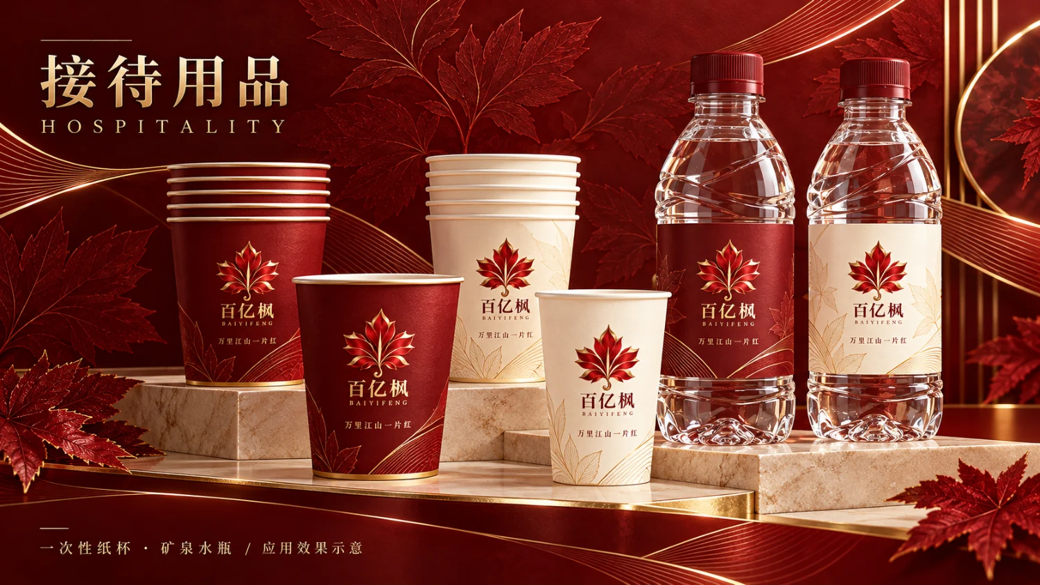 百亿枫接待用品设计示意：纸杯与瓶装水的品牌表达
