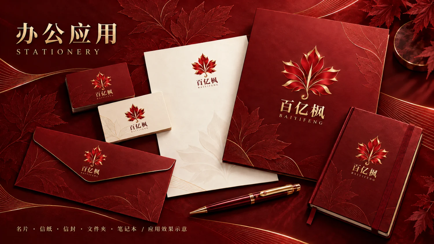 百亿枫办公应用设计示意：名片、信纸、信封、文件夹与笔记本