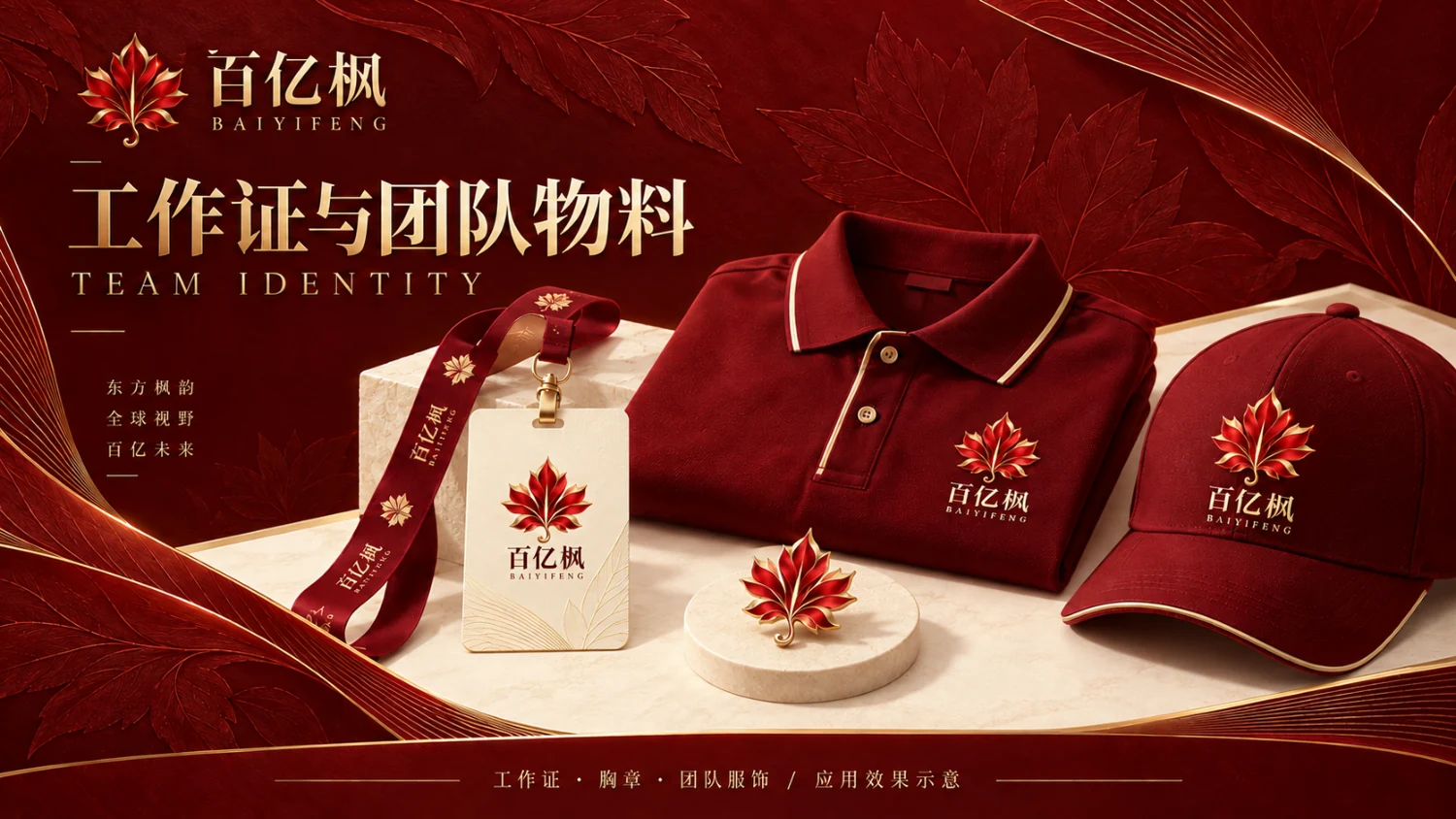 百亿枫团队物料设计示意：工作证、胸章与团队服饰